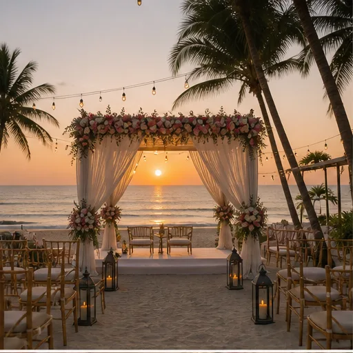 Beach wedding setup at sunset