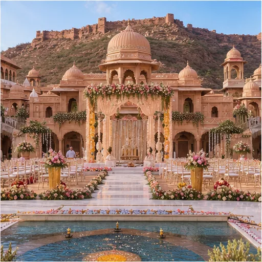 A palace courtyard dressed for a celebration