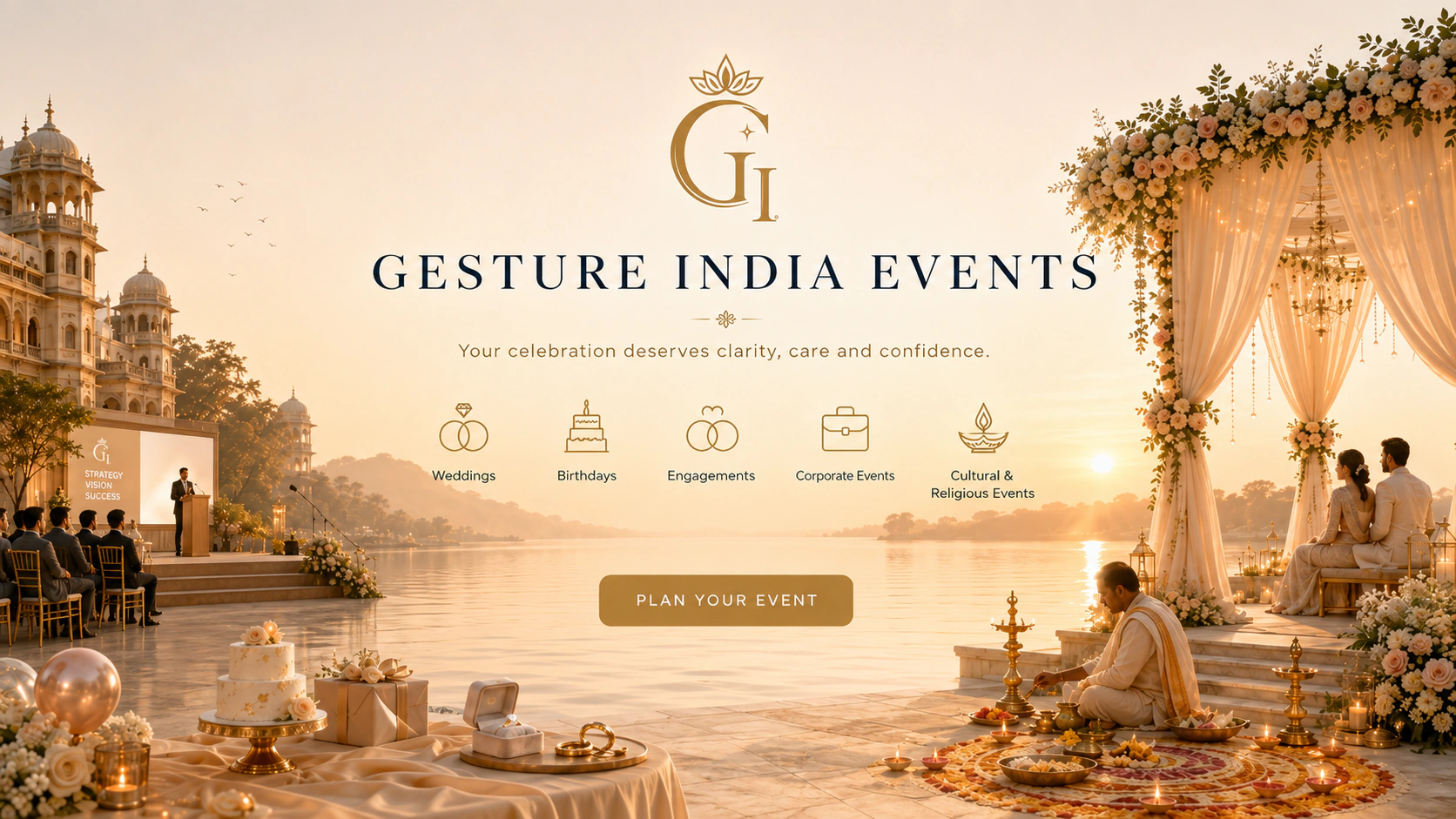 Gesture India Events full celebration panorama with weddings, birthdays, engagements, corporate events, cultural ceremonies and lakeside destination planning