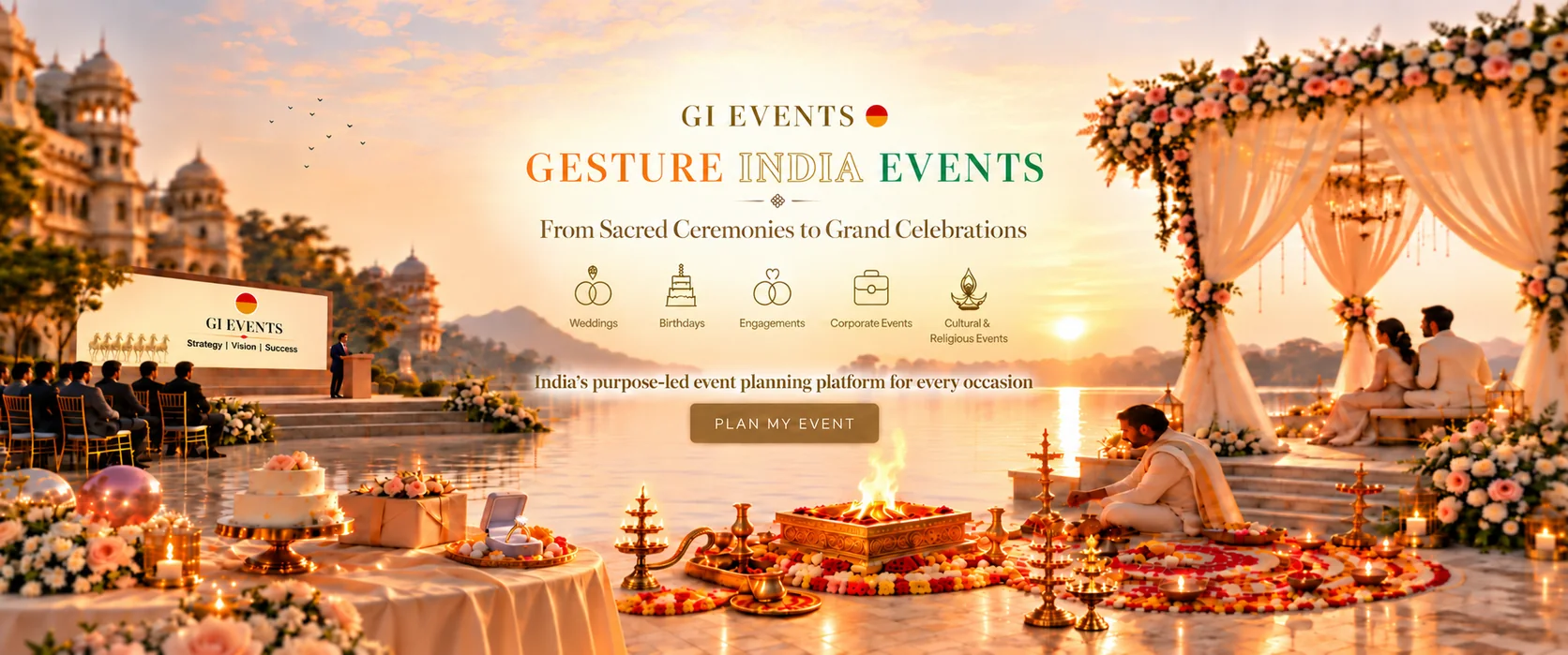 Gesture India Events: From Sacred Ceremonies to Grand Celebrations. India&rsquo;s purpose-led event planning platform for every occasion. Celebration panorama with weddings, birthdays, engagements, corporate events, cultural ceremonies and lakeside destination planning